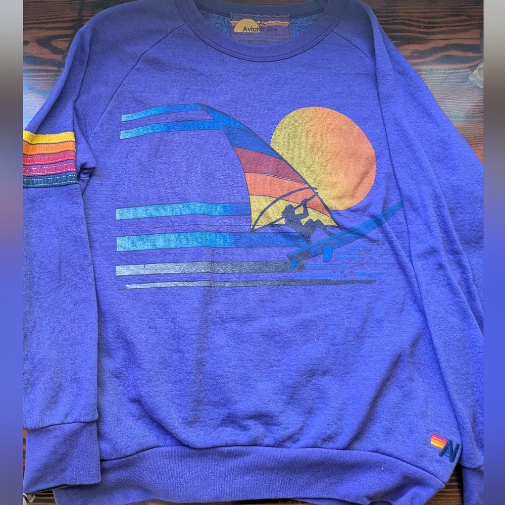 Aviator Nation Windsurfer Sunset Graphic Crewneck Sweatshirt – Blue – Size XL
